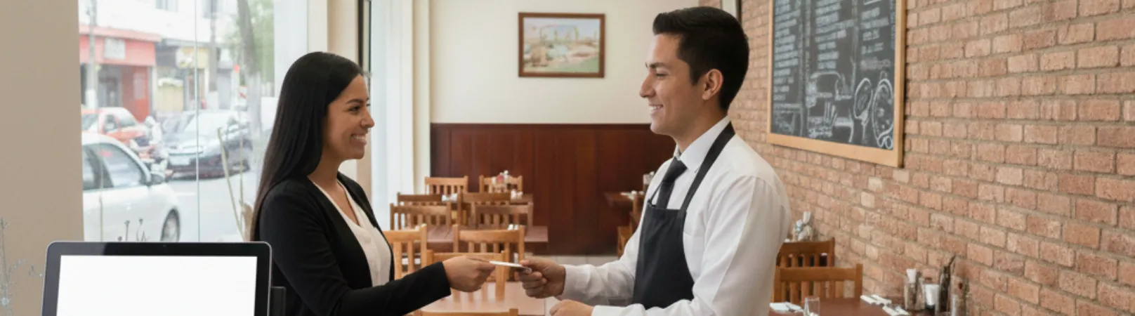 Mesero entregando la boleta de una clienta