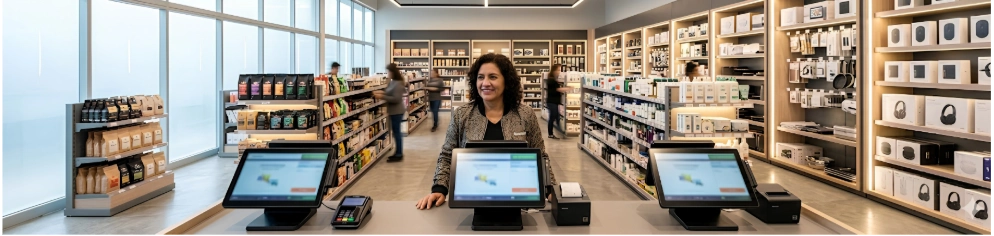 Negocio peruano moderno con múltiples terminales digitales de venta.