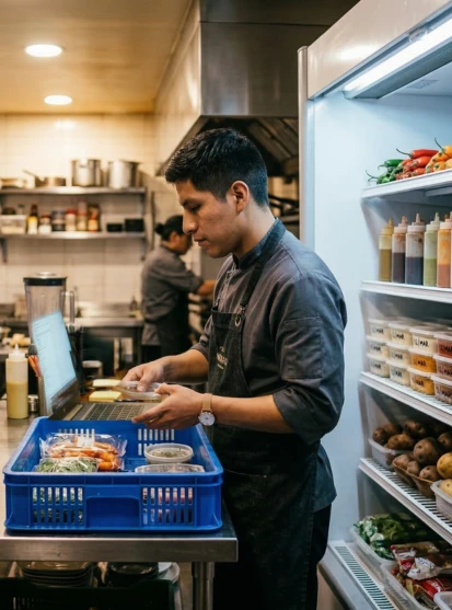 Ayudante organiza ingredientes en refrigerador para mantener control