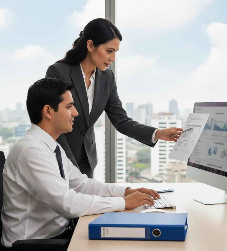 Contadores revisando documentos y archivos tributarios en oficina