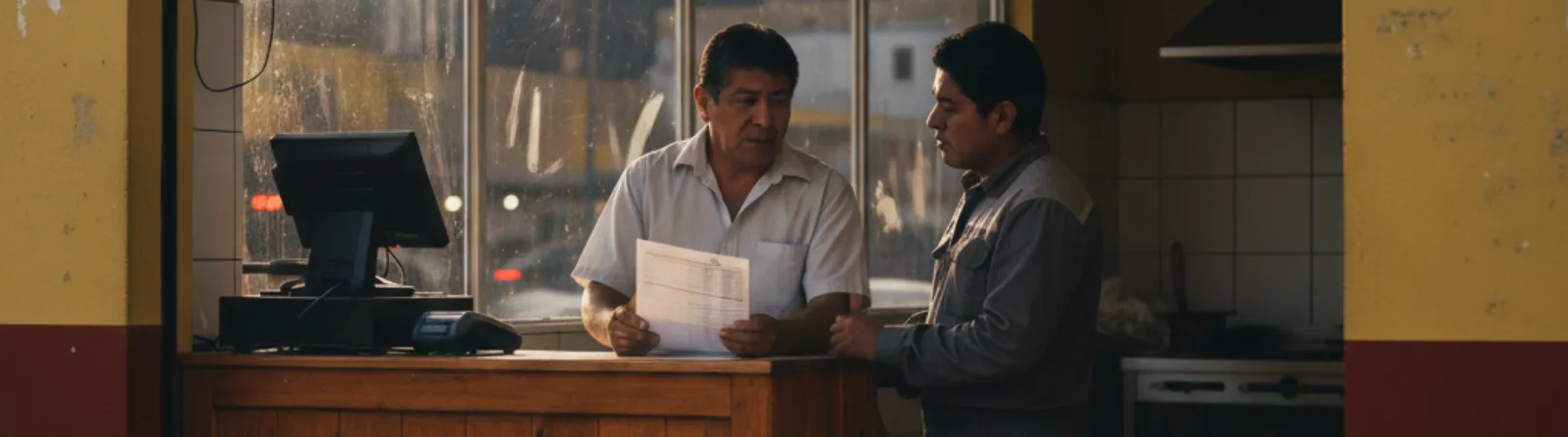 Dueño revisando reportes impresos al final del día junto a POS