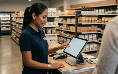 Cajera despachando rápido a un cliente en el punto de venta de un minimarket.