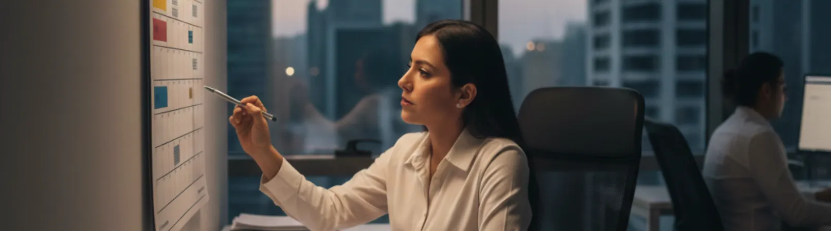 Analista revisando gráfico financiero con metas y planificación estratégica