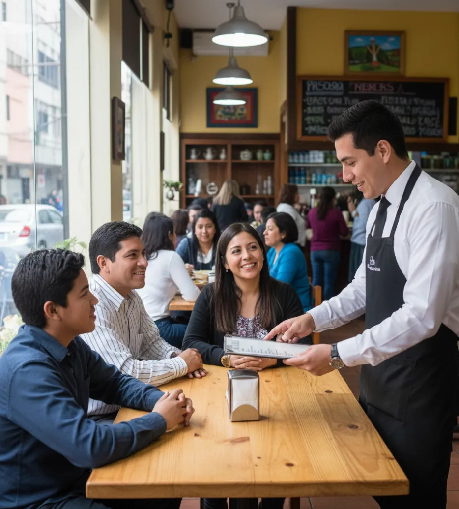 Mesero atendiendo clientes en ambiente organizado