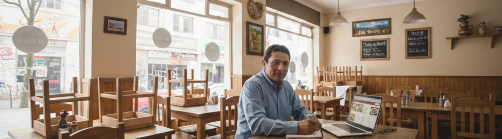 Administrador revisando control y analisis en restaurantes en laptop