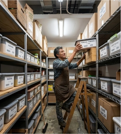 Bodeguero acomodando cajas de especias etiquetadas en estantería alta