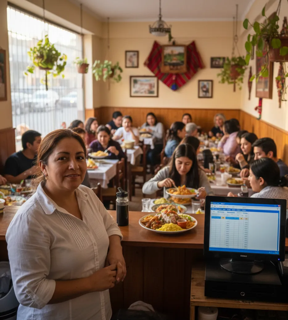 Dueña analizando rentabilidad de un restaurante en su local