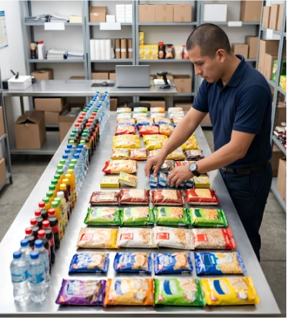 Responsable ordenando productos para ingresar a la base de datos 