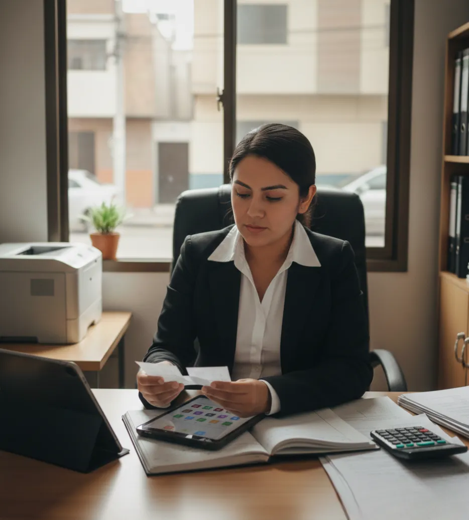 Contadora comparando reporte de ventas electrónicas y físicas