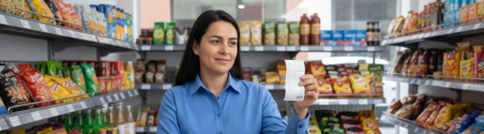 Dueña de quiosco revisando el comprobante de la venta