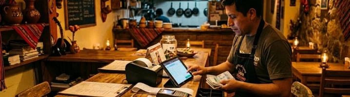 Gerente analizando reportes de caja en restaurante