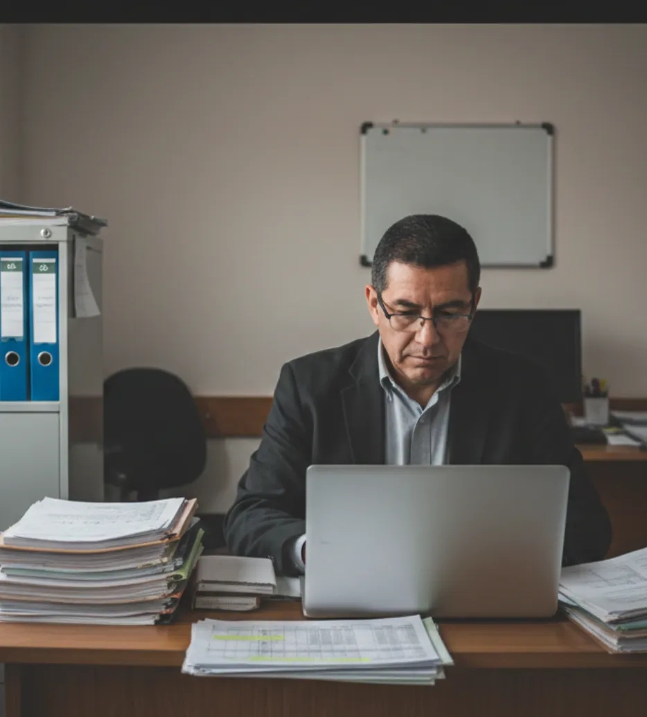 Analista revisando reportes contables en laptop 