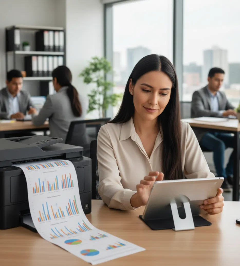 Contadora trabajando en laptop con reportes tributarios en pantalla
