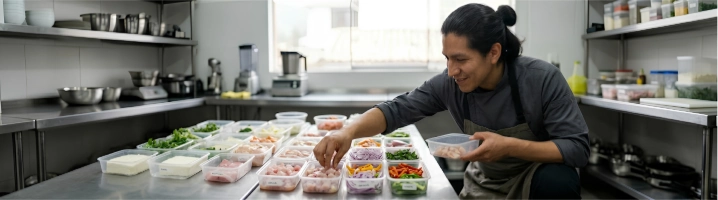 Chef organiza porciones frescas para planificar rotación diaria