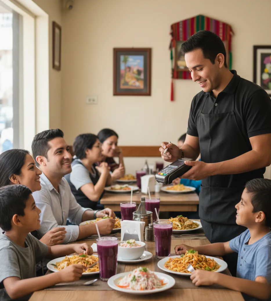 Mesero atendiendo a familia en el restaurante