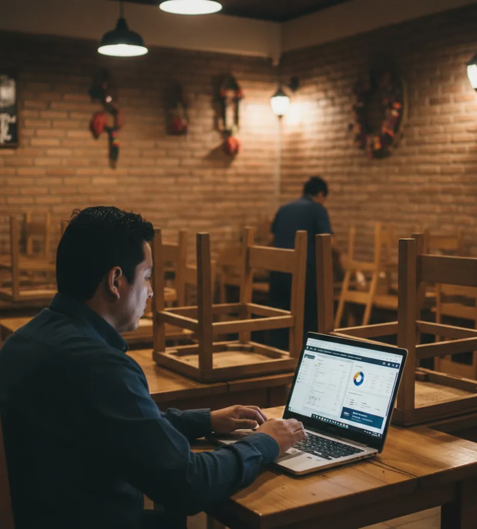 Dueño analizando reportes operativos en laptop