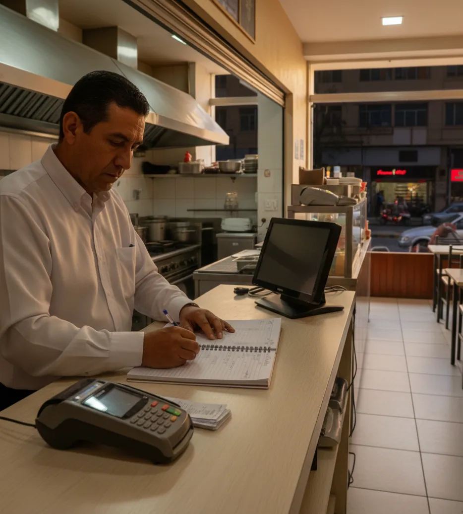 Dueño cerrando caja con sistema POS al final del día