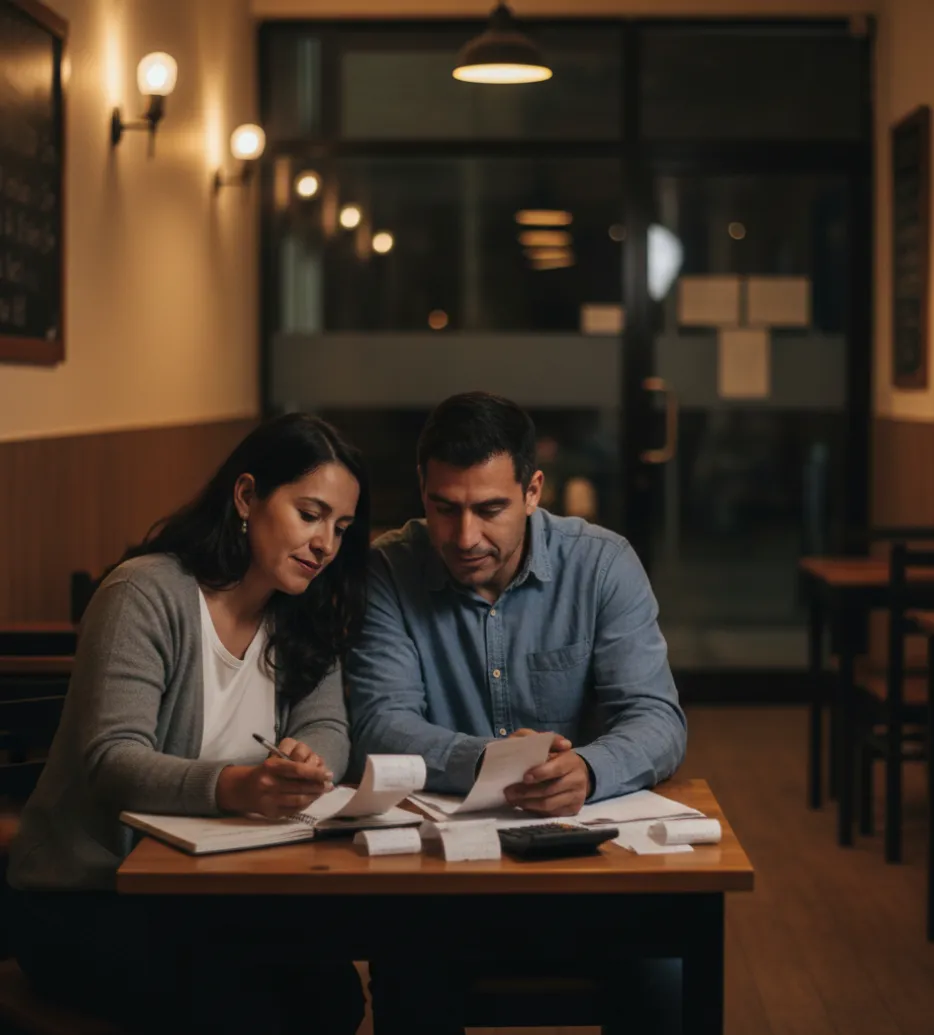 Pareja emprendedora revisando cuentas separadas de restaurante y personales