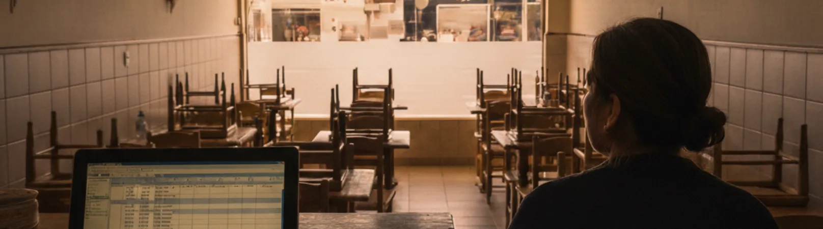 Dueñaa de restaurante revisando reporte de ventas en el cierre del local