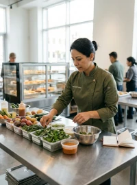 Jefa de cocina coordinando producción diaria