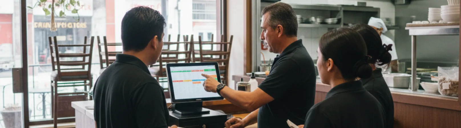 Empleado registrando pedido en terminal POS del restaurante