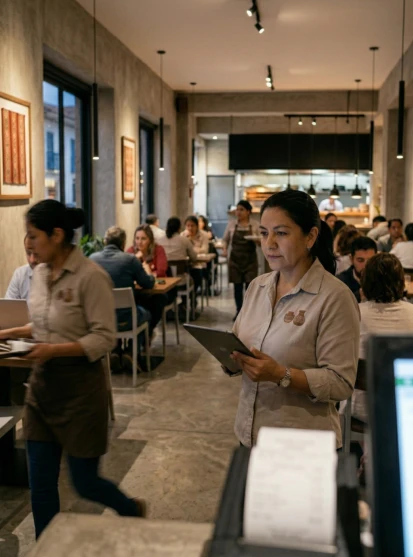 Dueña observando jornada mientras revisa resultados