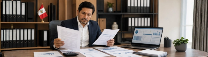 Contador revisa facturas, contratos y reportes contables