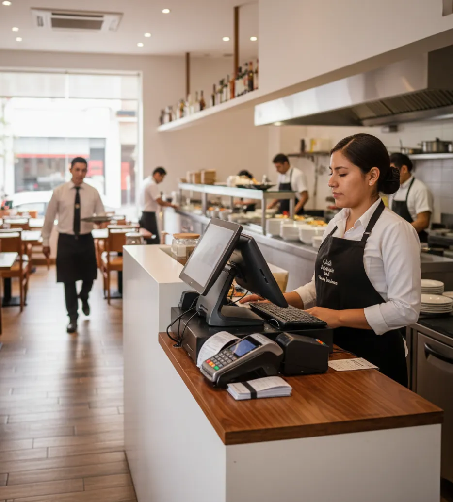 Cocina y salón integrados con pantalla y comandas electrónica en restaurante