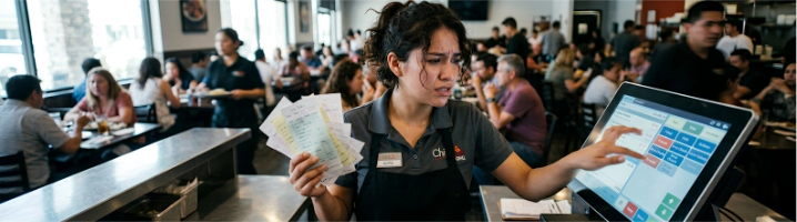 Mesera registrando pedidos con dificultad en la pantalla POS
