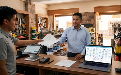 Administrador ordenando ventas y compras en ferretería