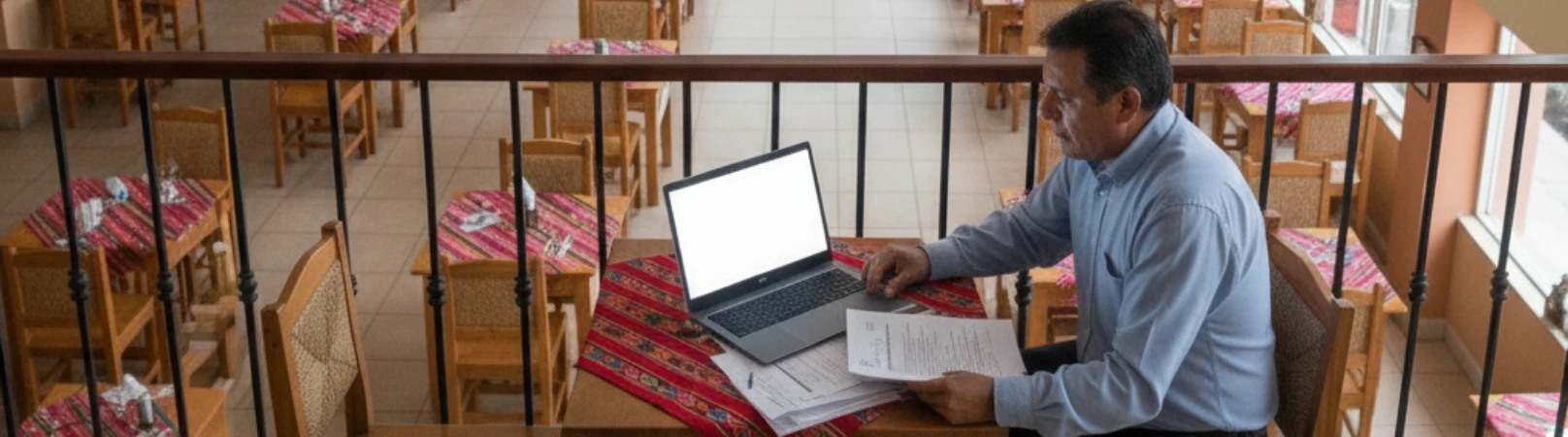 Dueño revisando requisitos impresos en oficina del restaurante