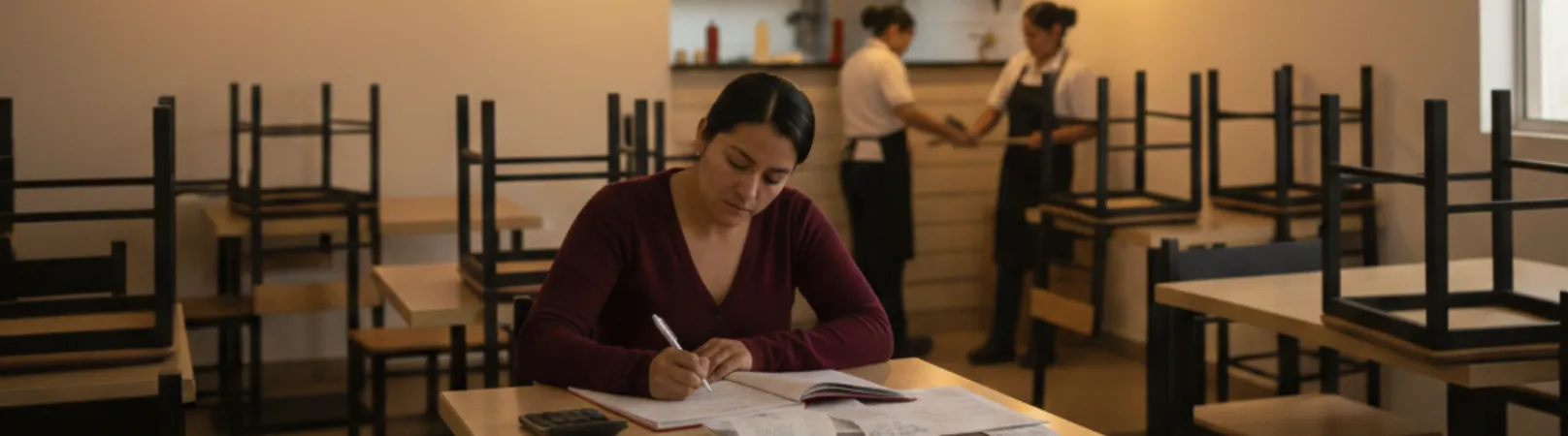 Dueña revisando finanzas para restaurantes en mostrador con cuaderno abierto