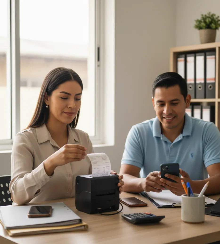 Profesionales emitiendo comprobante desde laptop en oficina
