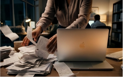 Manos apartando recibos de papel para usar software financiero.