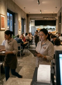 Dueña observando jornada mientras revisa resultados