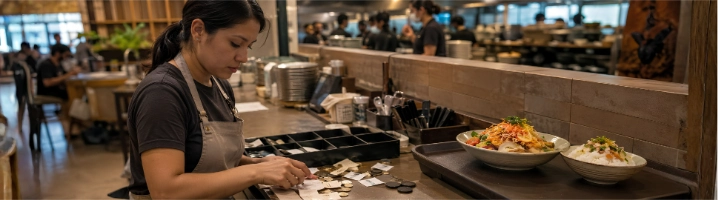 Cajera separa comprobantes y monedas durante hora punta