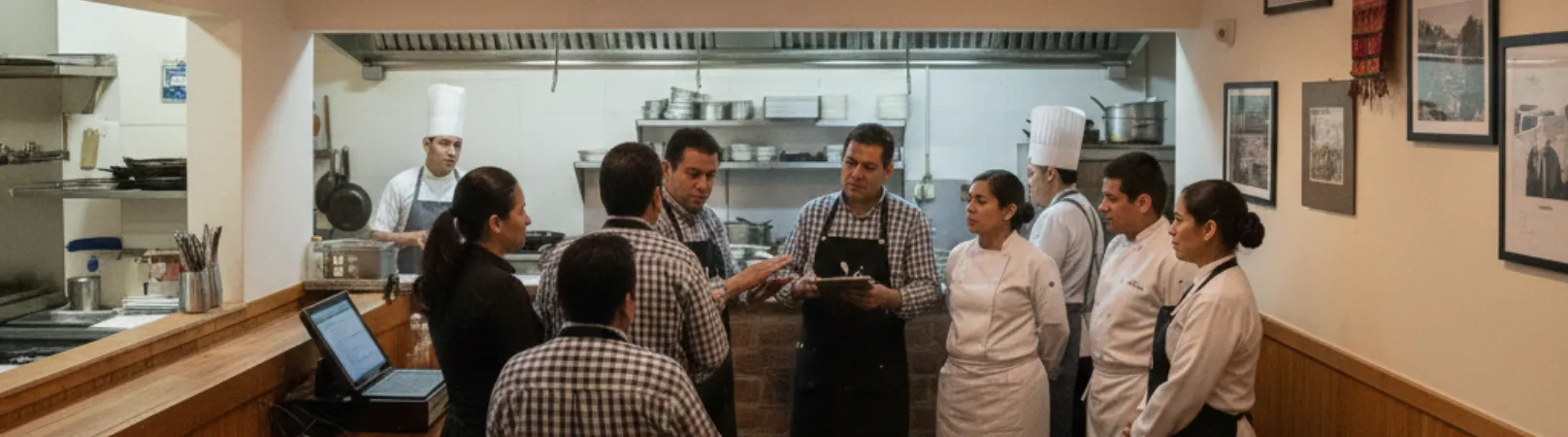 Equipo de restaurante coordinando pedidos con sistema digital