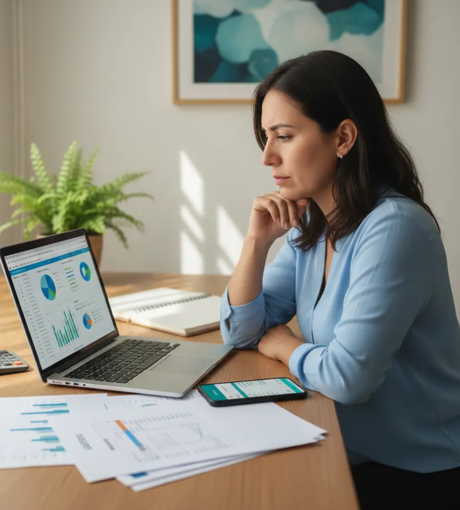 Profesional revisando reportes financieros en laptop