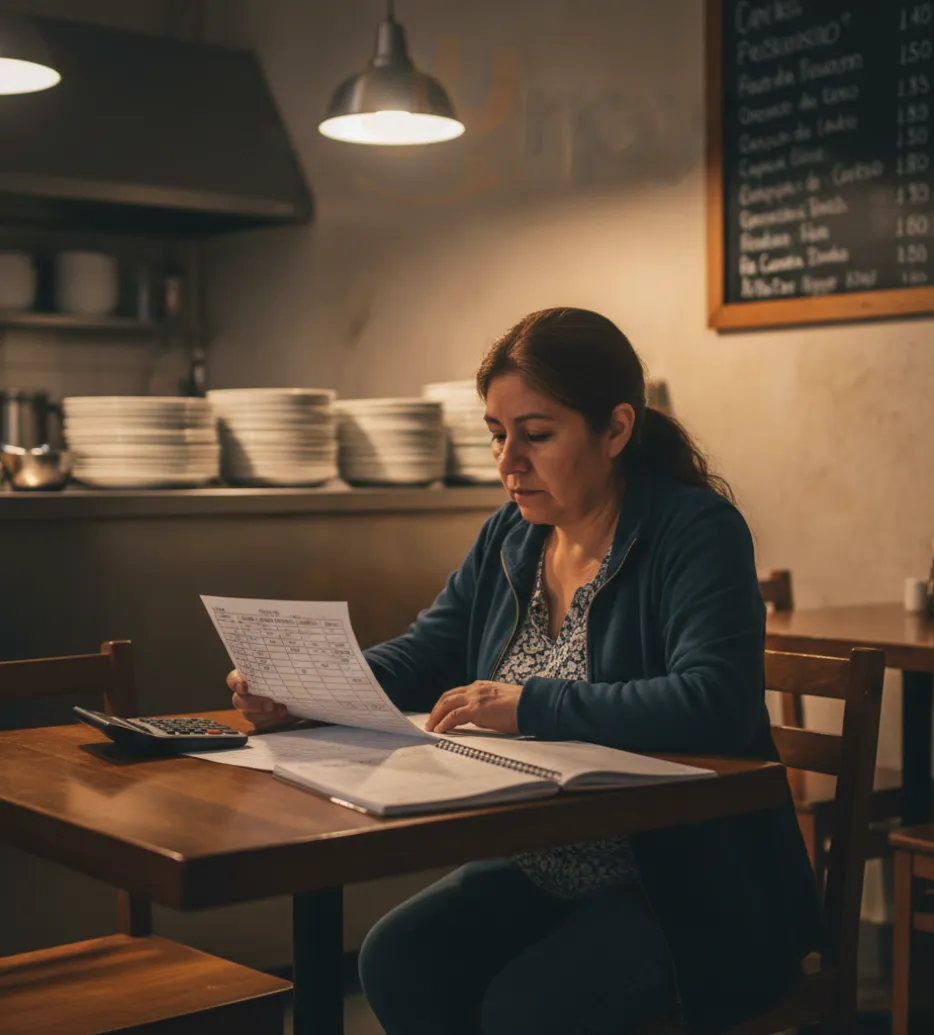 Dueña revisando lista de inventario en restaurante