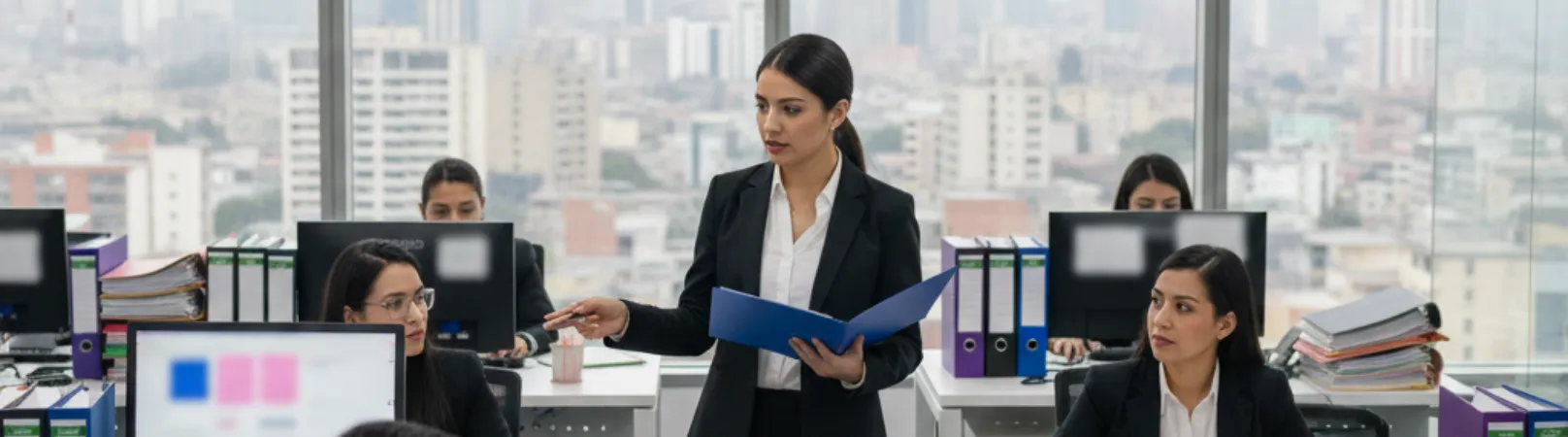 Equipo contable revisando cifras en reunión de oficina