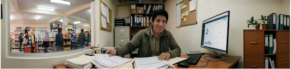 Administrador monitoreando su local comercial al instante en movimiento.