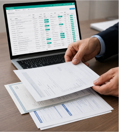 Factura, contrato y voucher revisados en escritorio