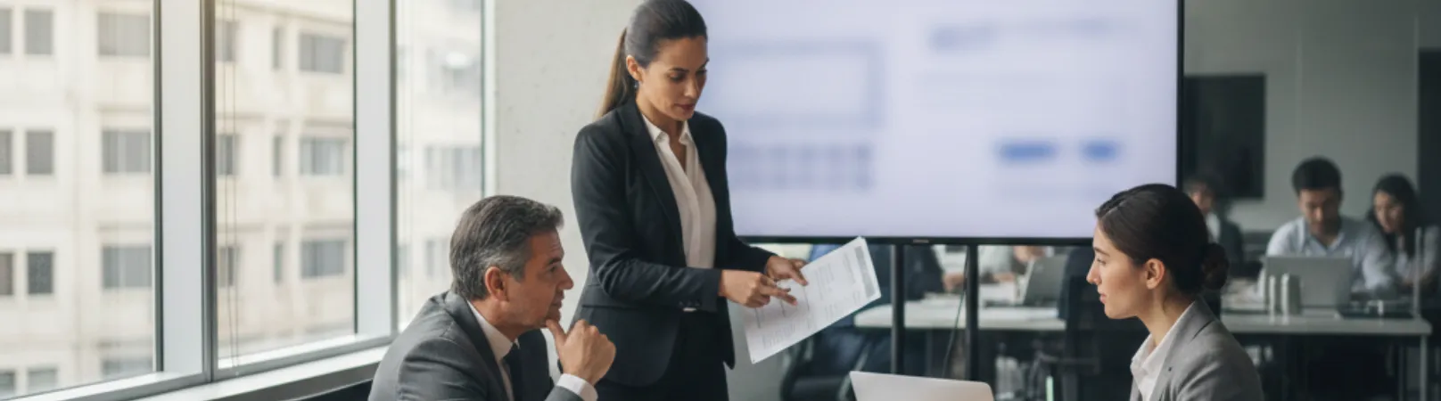 Equipo empresarial revisando indicadores financieros en reunión