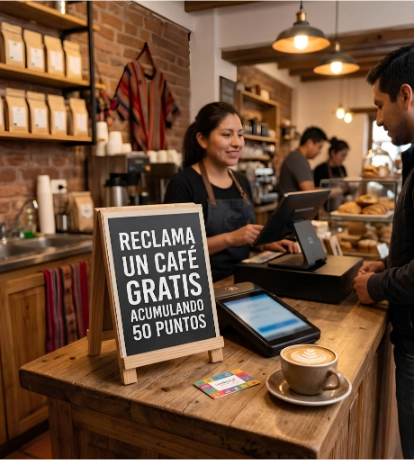 Letrero de café gratis por 50 puntos en cafetería