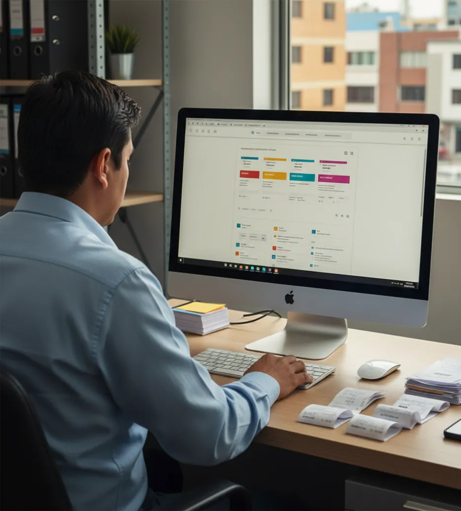 Persona usando sistema digital y revisando recibos y facturas