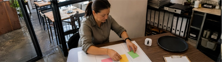 Gerente organiza tres ideas de gestión en una mesa administrativa