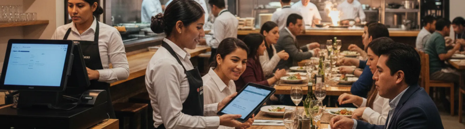 Cajera usando punto de venta para restaurantes en mostrador