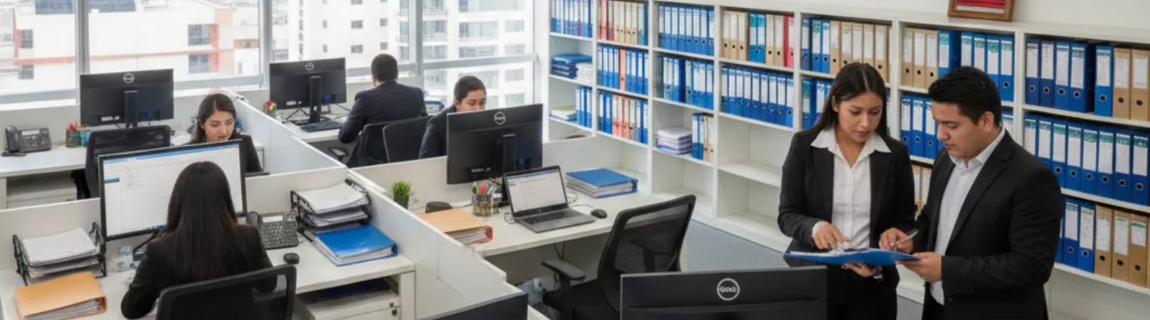 Equipo revisando informes financieros en jornada laboral