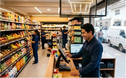 Dueño revisando caja y ventas en un minimarket peruano
