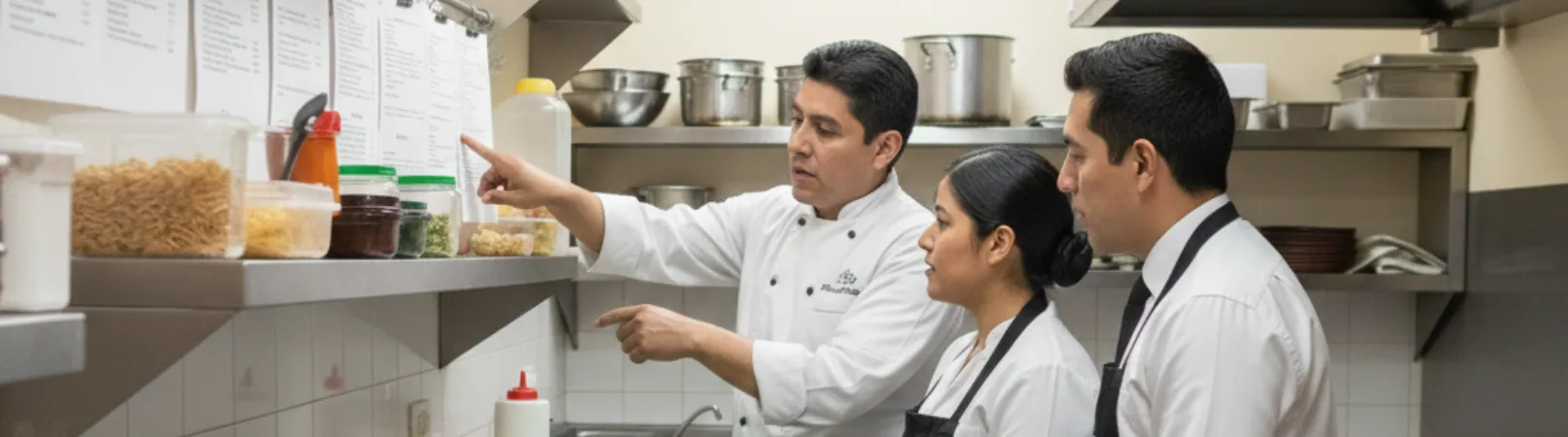 Cocinero revisando y explicando una comanda a personal